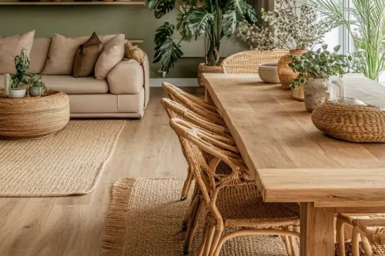Espaço misto de sala de estar e jantar rustico com foco em palha e verde