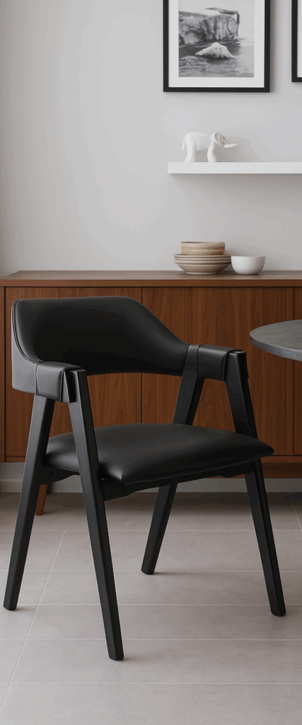Cadeira Ottawa em preto puro, ambientada em sala de jantar de tons de marrom e cinza.