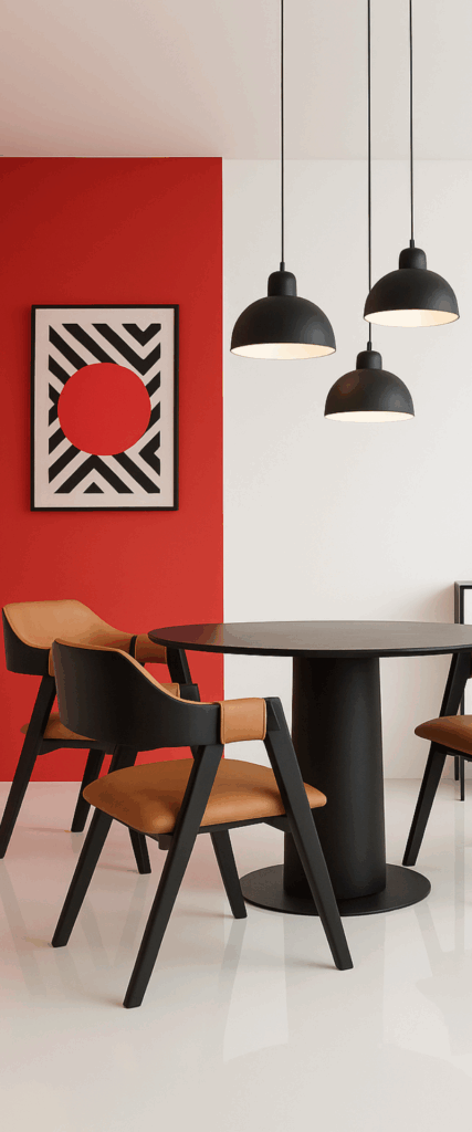 Cadeiras Ottawa em mandeira preta e estofado de courissimo caramelo em sala de jantar com detalhes em vermelho e branco.