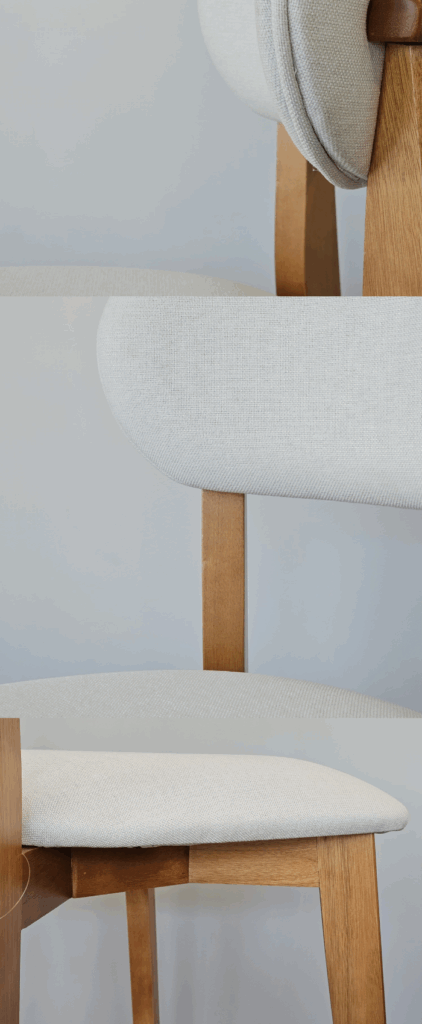 Detalhes de mais perto da cadeira Lunna, com foco em seu estofado de linho off white.