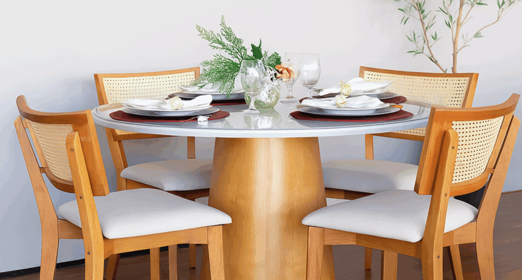 Mesa Cannes de base preenchida de madeira cinamomo e tampo fendi de vidro, com quatro cadeiras Ika de linho off white, madeira amêndoa e telinha natural.