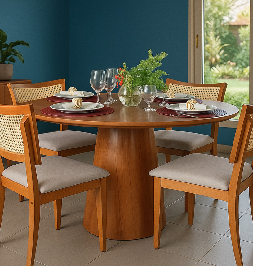 Mesa Santorini de base e tampo preenchida de madeira cinamomo, com quatro cadeiras Ika de linho off white, madeira amêndoa e telinha natural.